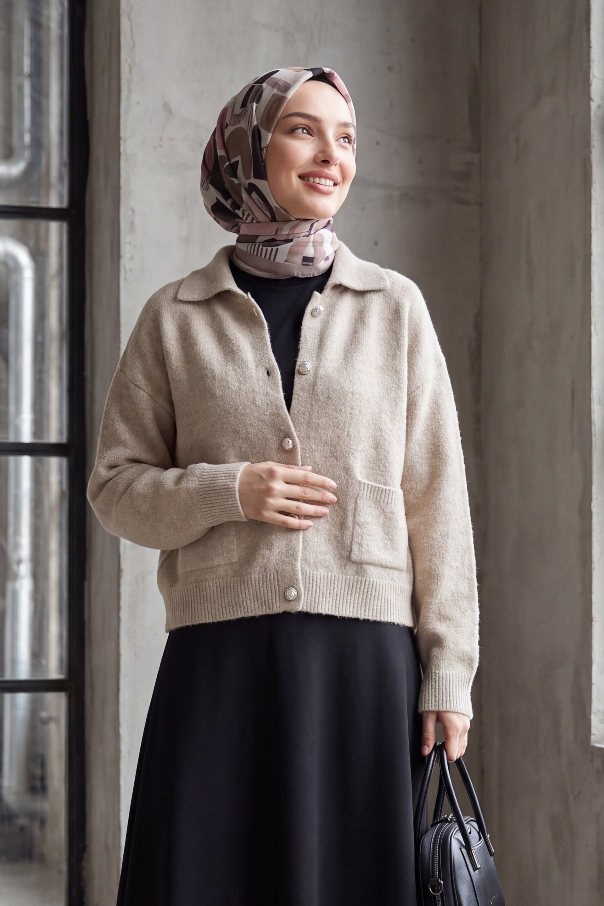 Womens Beige Knit Cardigan with Collar and Pockets - Podyumplus - by Peralane