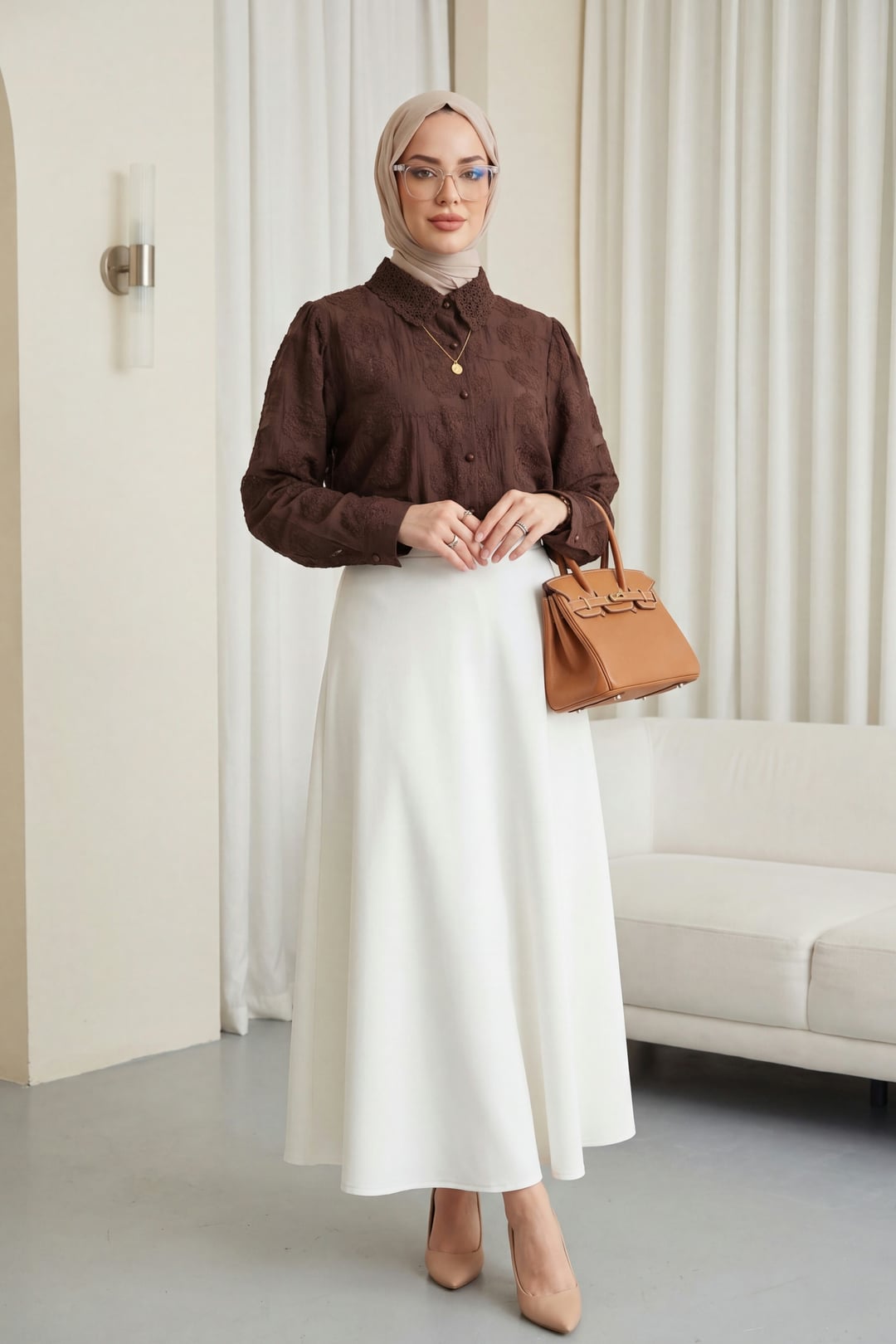 Brown Lace Collar Jacquard Blouse with Button Placket - Podyumplus - by Peralane - photo 2