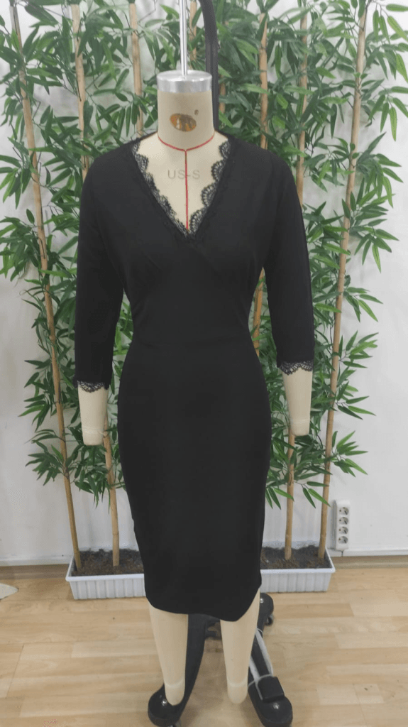 Women's V-Neck Lace Trim Midi Crepe Dress - Janes - by Peralane - photo 4