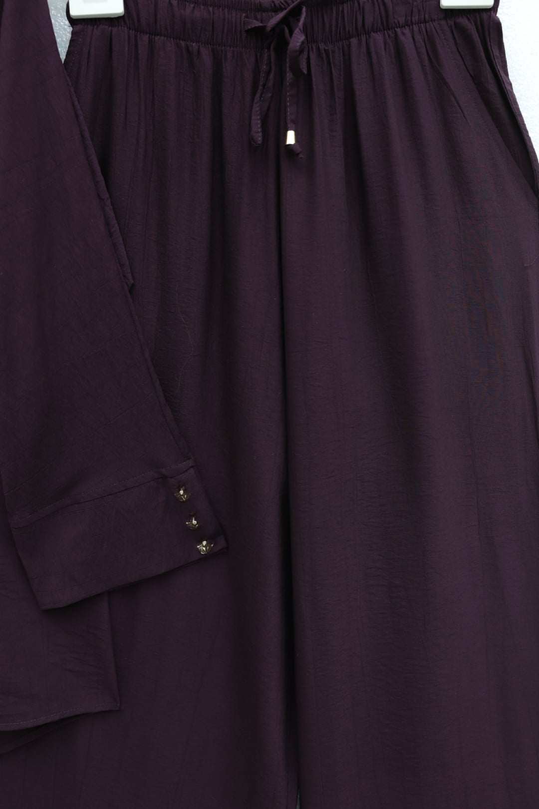 Tunnel Drawstring Waist Wide-Leg Trousers and Long-Sleeve Top Set - Plum - Podyumplus - by Peralane - photo 6