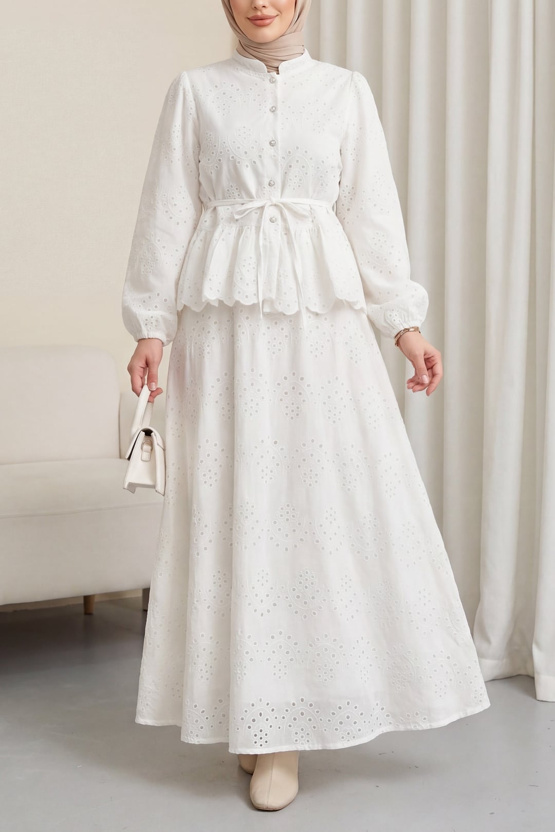 White Linen Two-Piece Modest Set with Blouse and Skirt - Podyumplus - by Peralane - photo 5