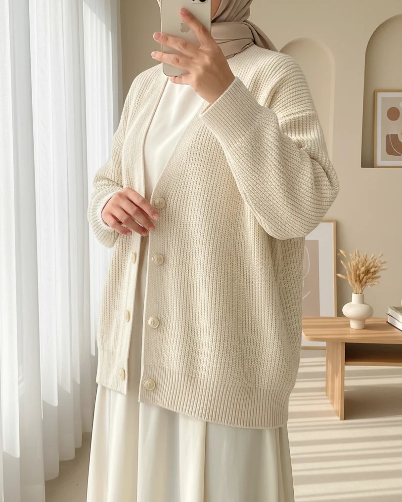 Cream Gold Button Relaxed Knit Cardigan - Podyumplus - by Peralane - photo 2