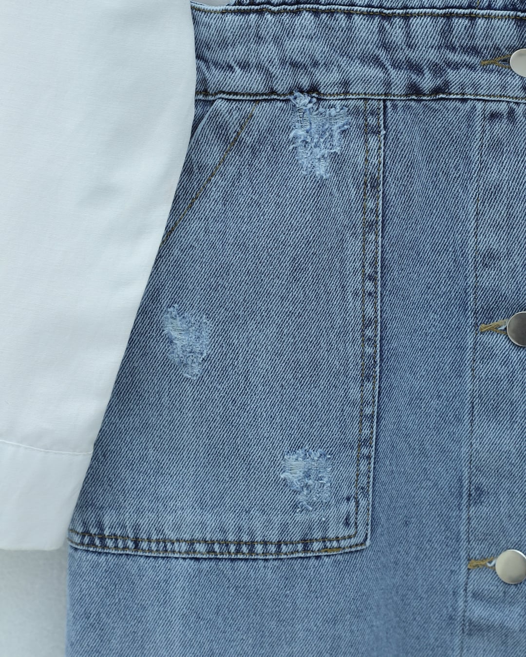Distressed Button-Front Double-Pocket Denim Pinafore Dress - Ice Blue - Podyumplus - by Peralane - photo 5