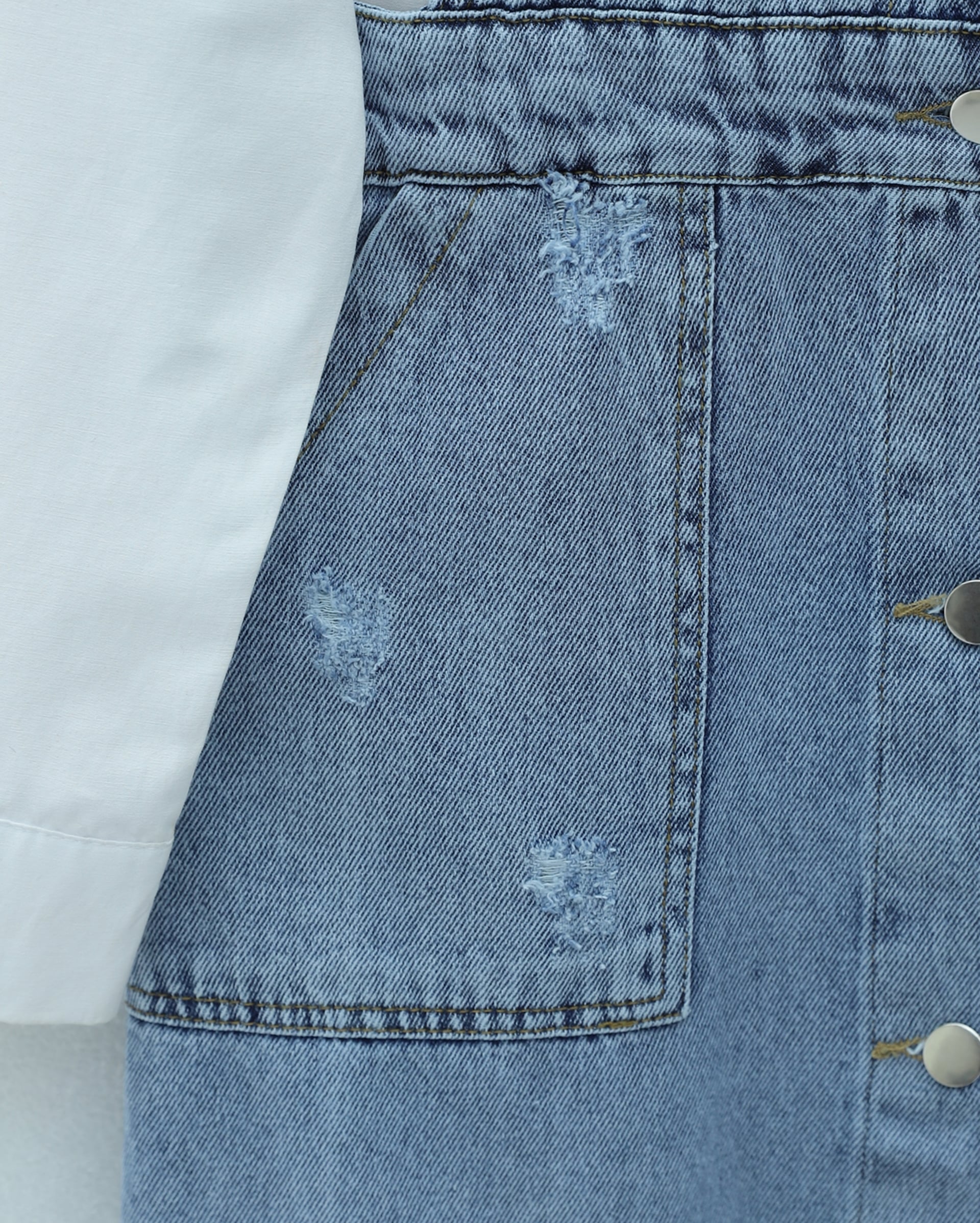 Distressed Denim Pinafore Dress with Full-Length Buttons and Two Pockets - Light Blue - Podyumplus - by Peralane - photo 5
