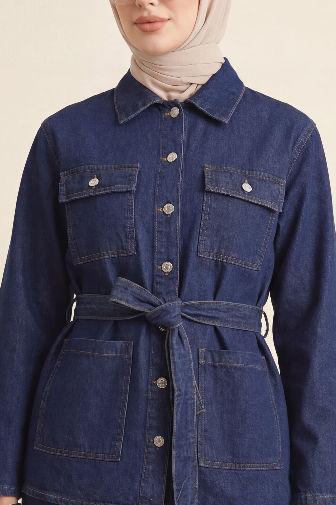 Belted Button-Front Denim Jacket and Wide-Leg Trousers Set - Dark Navy - Podyumplus - by Peralane - photo 2