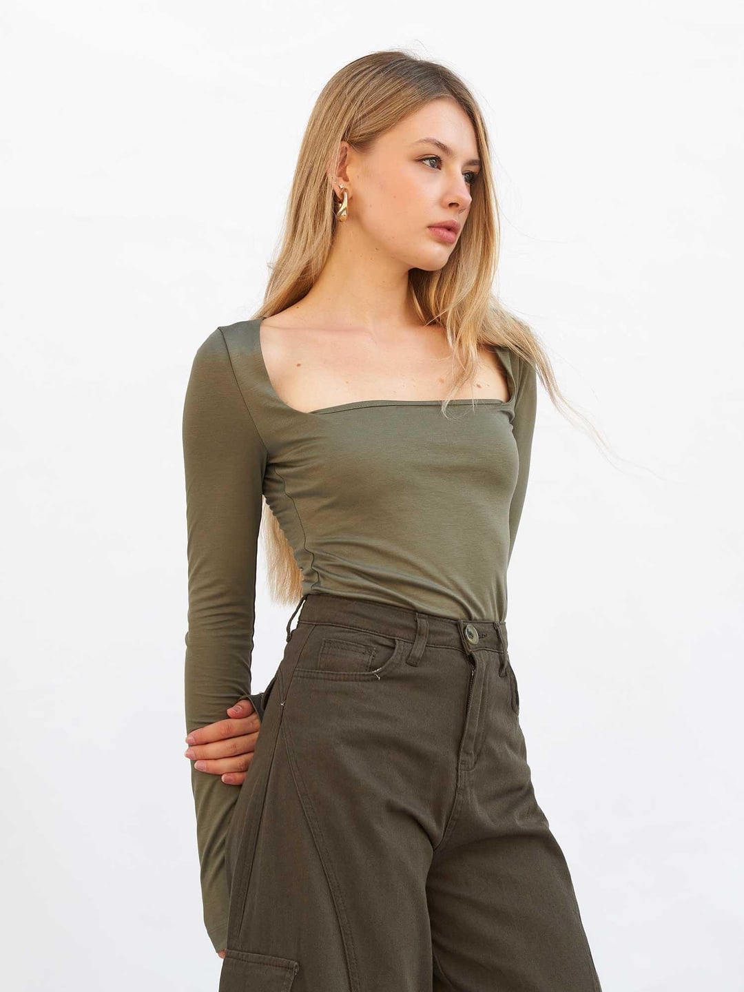 Square Neck Long-Sleeve Knit Top - Olive Green - Lefon - by Peralane - photo 6