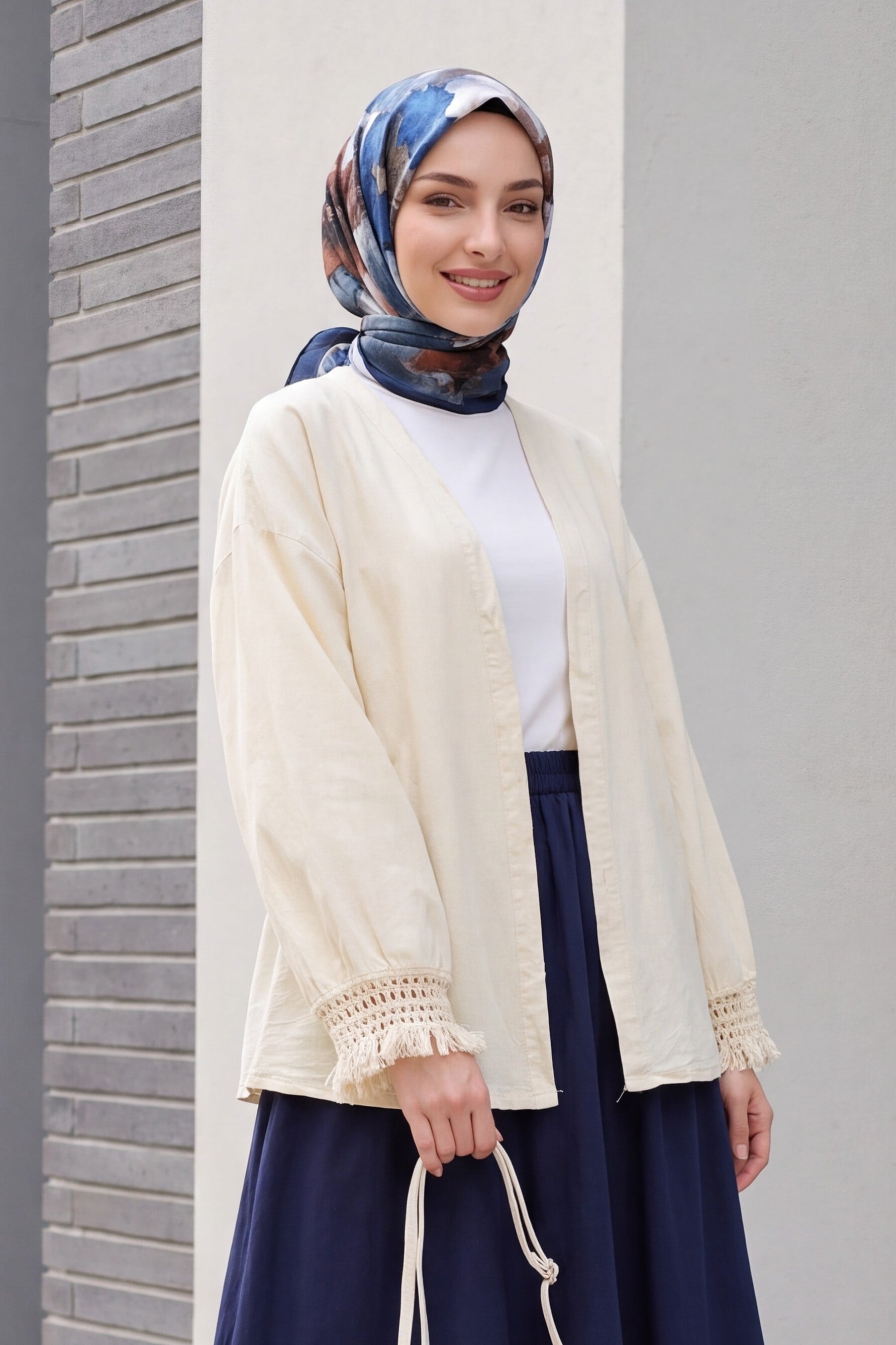 Cream Belted Kimono Cardigan with Tassel Trim - Podyumplus - by Peralane