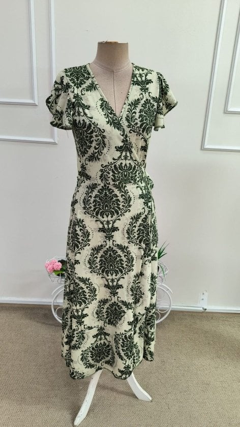 Women's Short Sleeve Wrap Neck Tie Waist Printed Suprem Midi Dress - Janes - by Peralane - photo 4