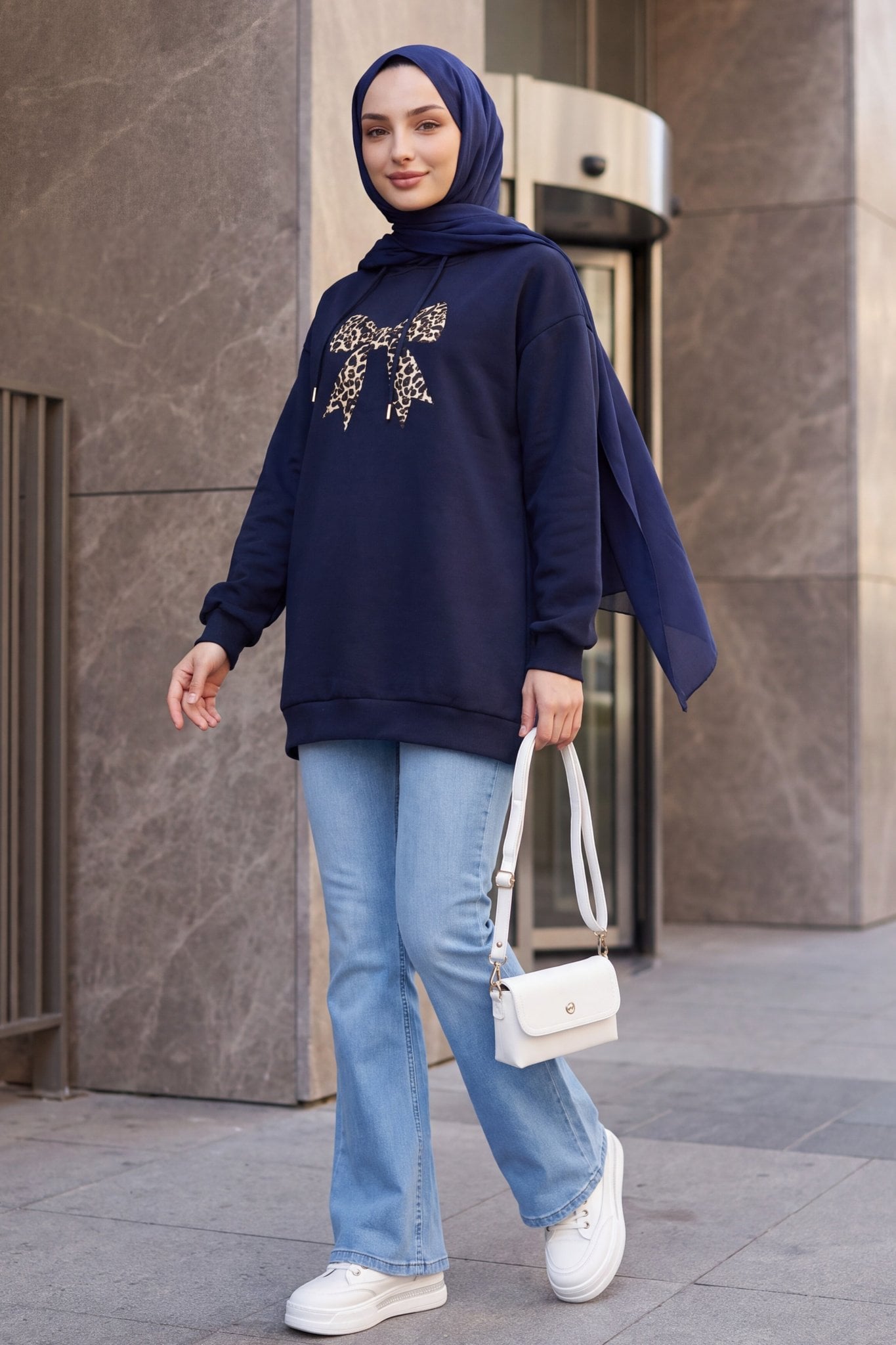 Navy Blue Bow Detail Hooded Cotton Sweatshirt - Podyumplus - by Peralane - photo 5