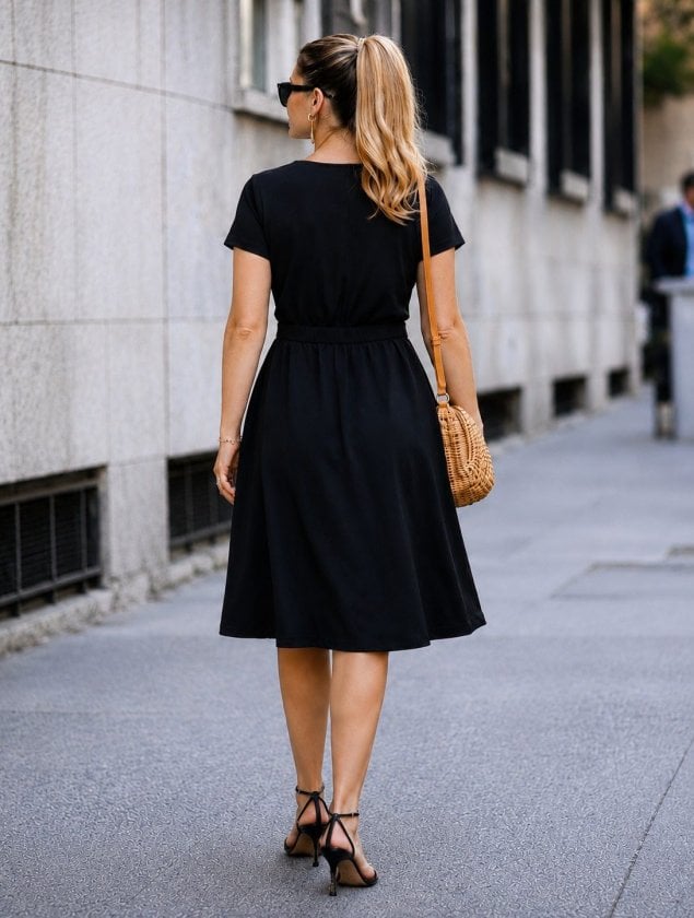 Women's Short-Sleeved Wrap Dress with Tie Waist in Black Jersey Knit - Janes - by Peralane - photo 4