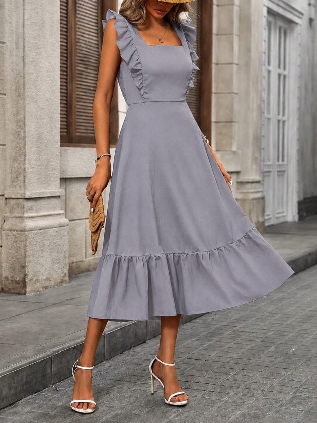 Women's Sleeveless Square Neck Ruffled Strap Midi Dress - Janes - by Peralane