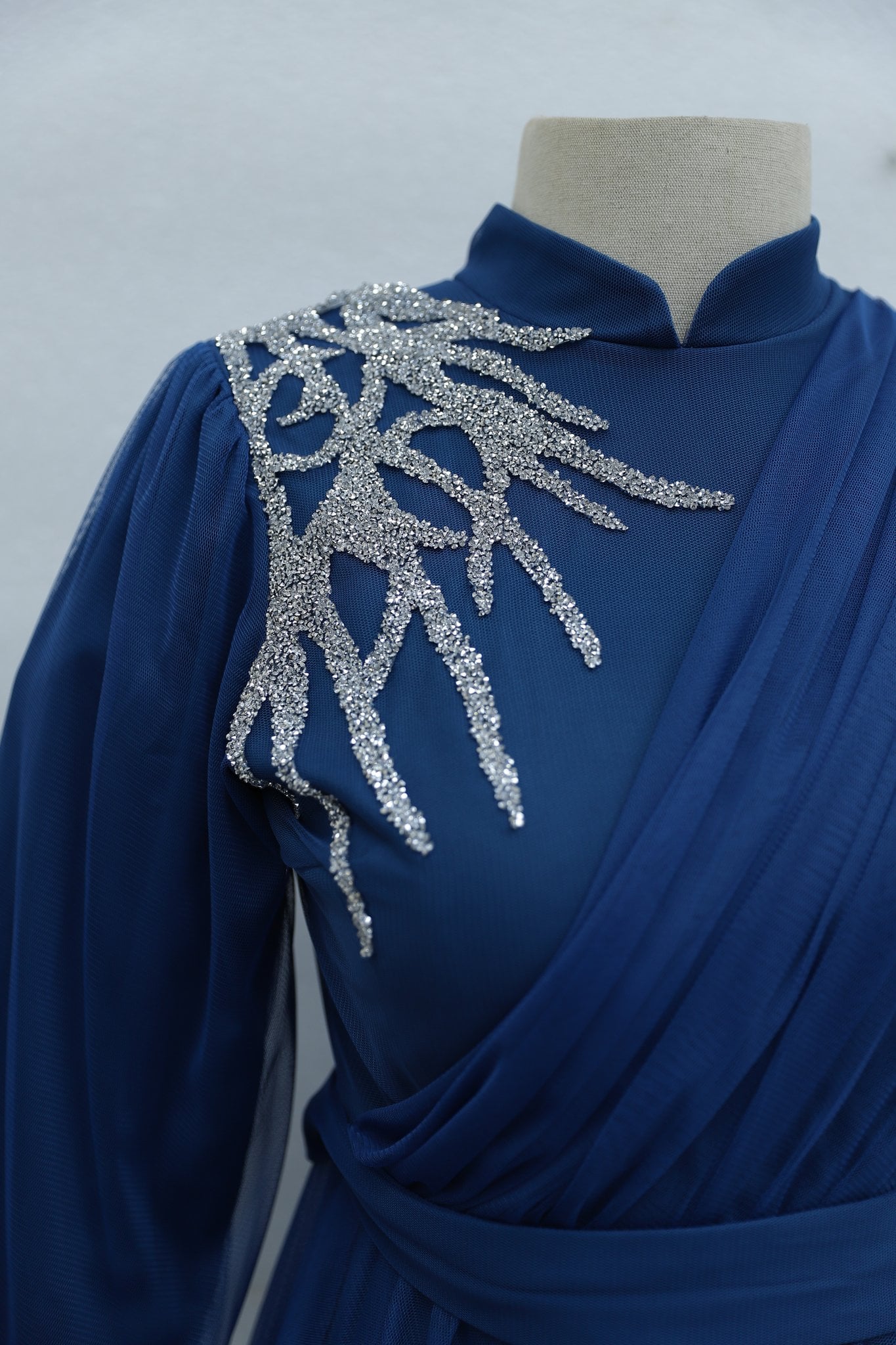 Navy Blue Stone Detail Draped Tulle Evening Dress with Belt - Podyumplus - by Peralane - photo 8