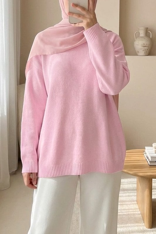 Round Neck Oversized Knit Sweater - Powder Pink - Podyumplus - by Peralane
