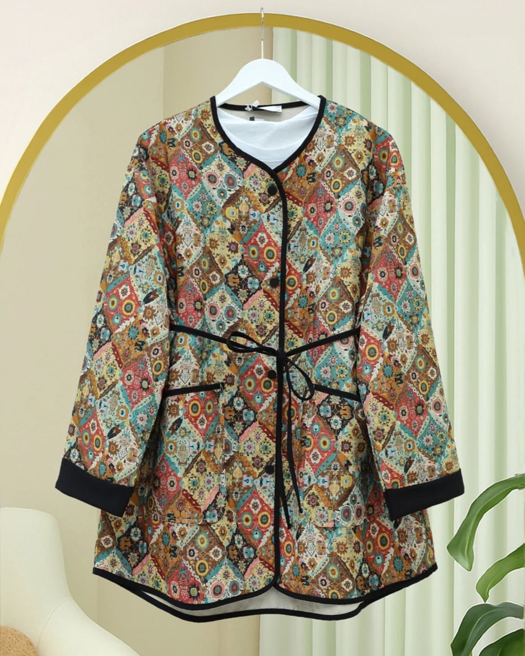 Ethnic Print Jacket with Folded Sleeves and Tie Waist - Women's - Podyumplus - by Peralane