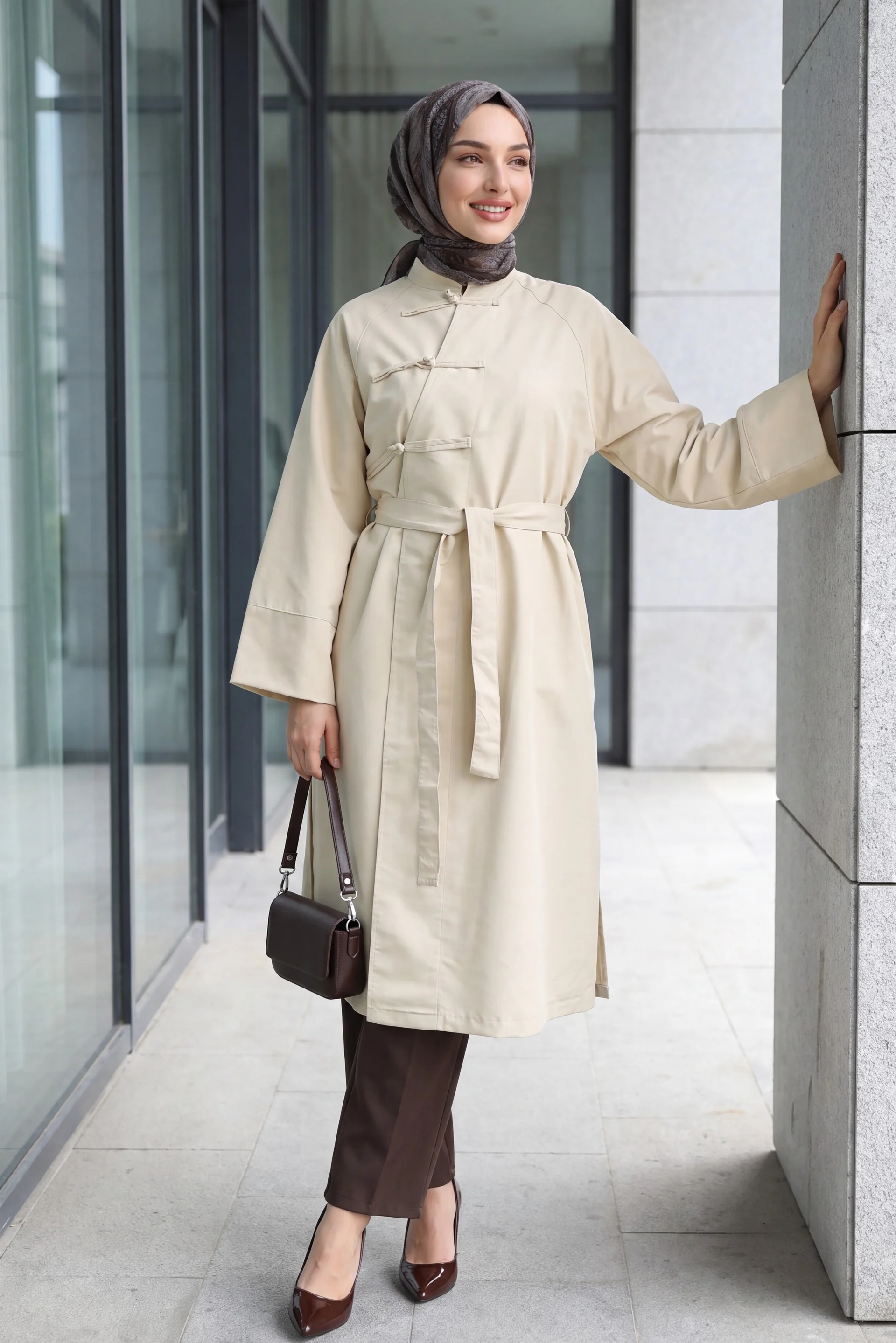 Frog Closure Slit Belted Trench Coat - Beige - Podyumplus - by Peralane - photo 2