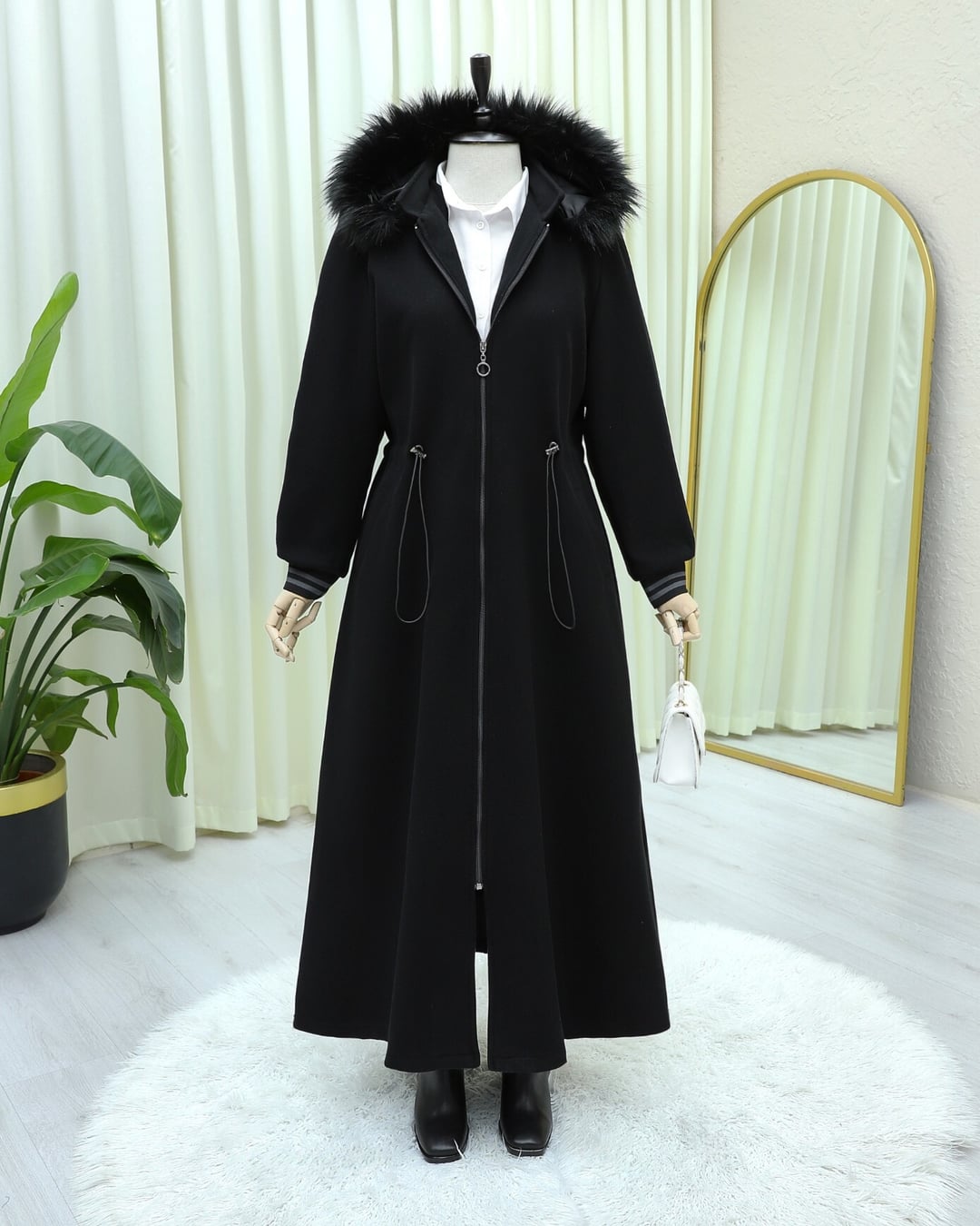Hooded Faux Fur Trim Zip Coat - Black - Podyumplus - by Peralane - photo 2