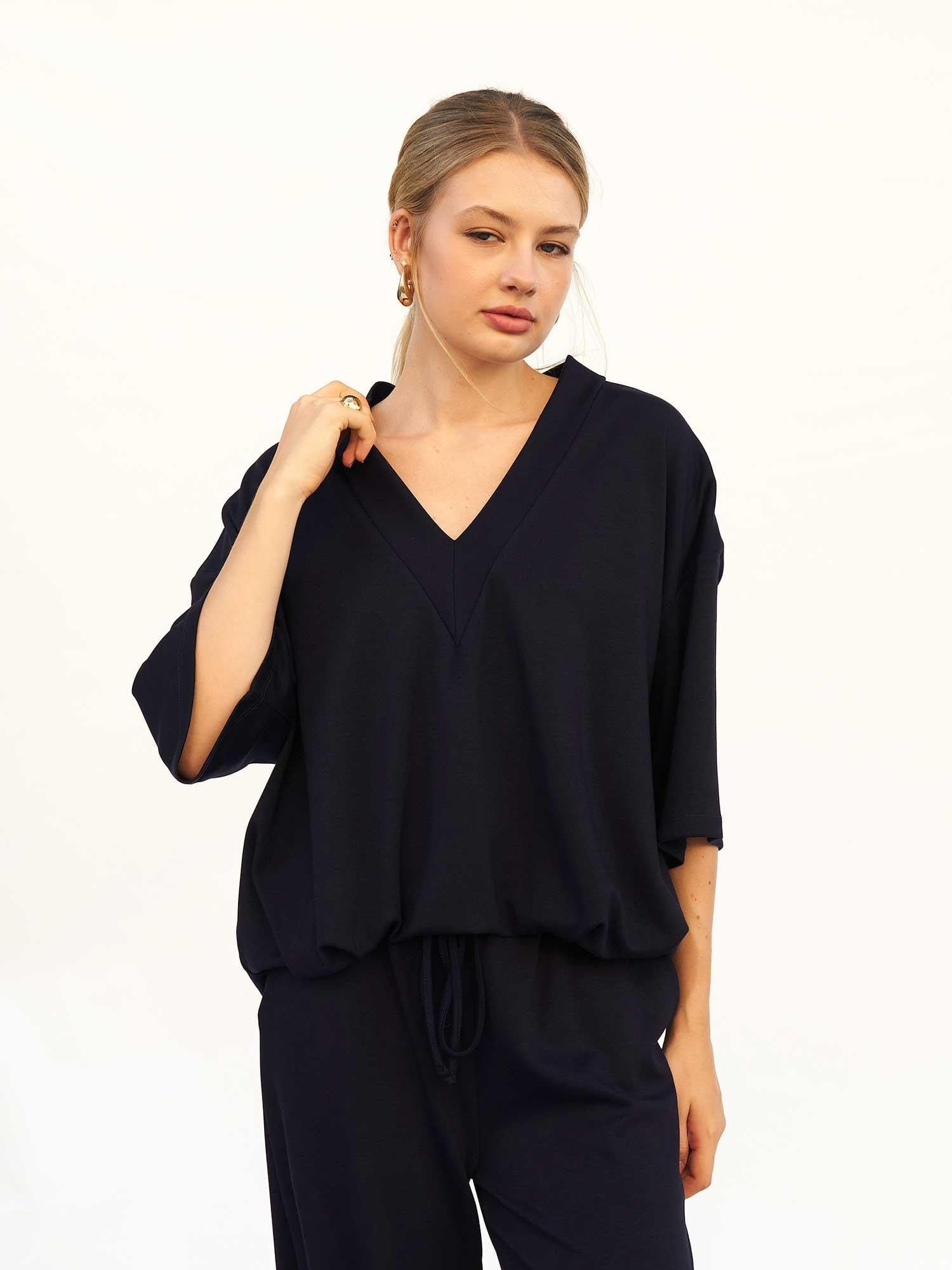 Navy Blue V-Neck Knit Blouse and Drawstring Trousers Loungewear Set - Lefon - by Peralane - photo 5