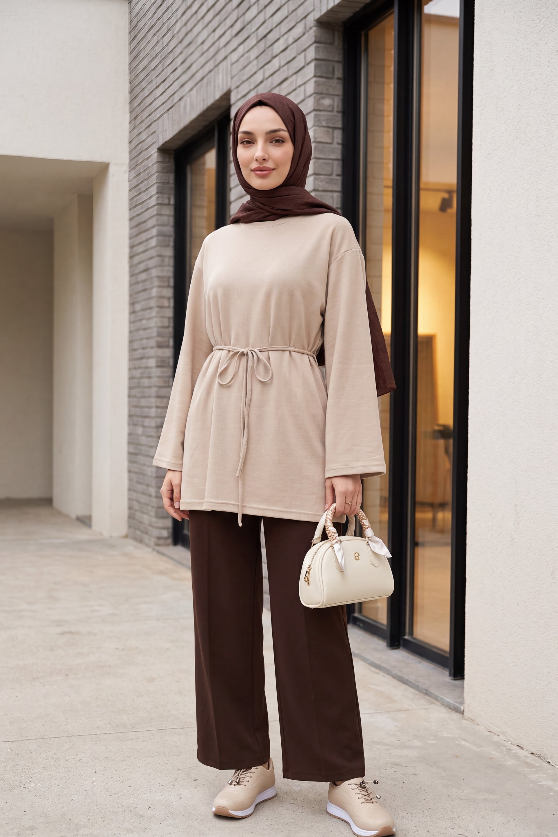 Round Neck Drawstring Waist Knit Tunic - Light Beige - Podyumplus - by Peralane - photo 3