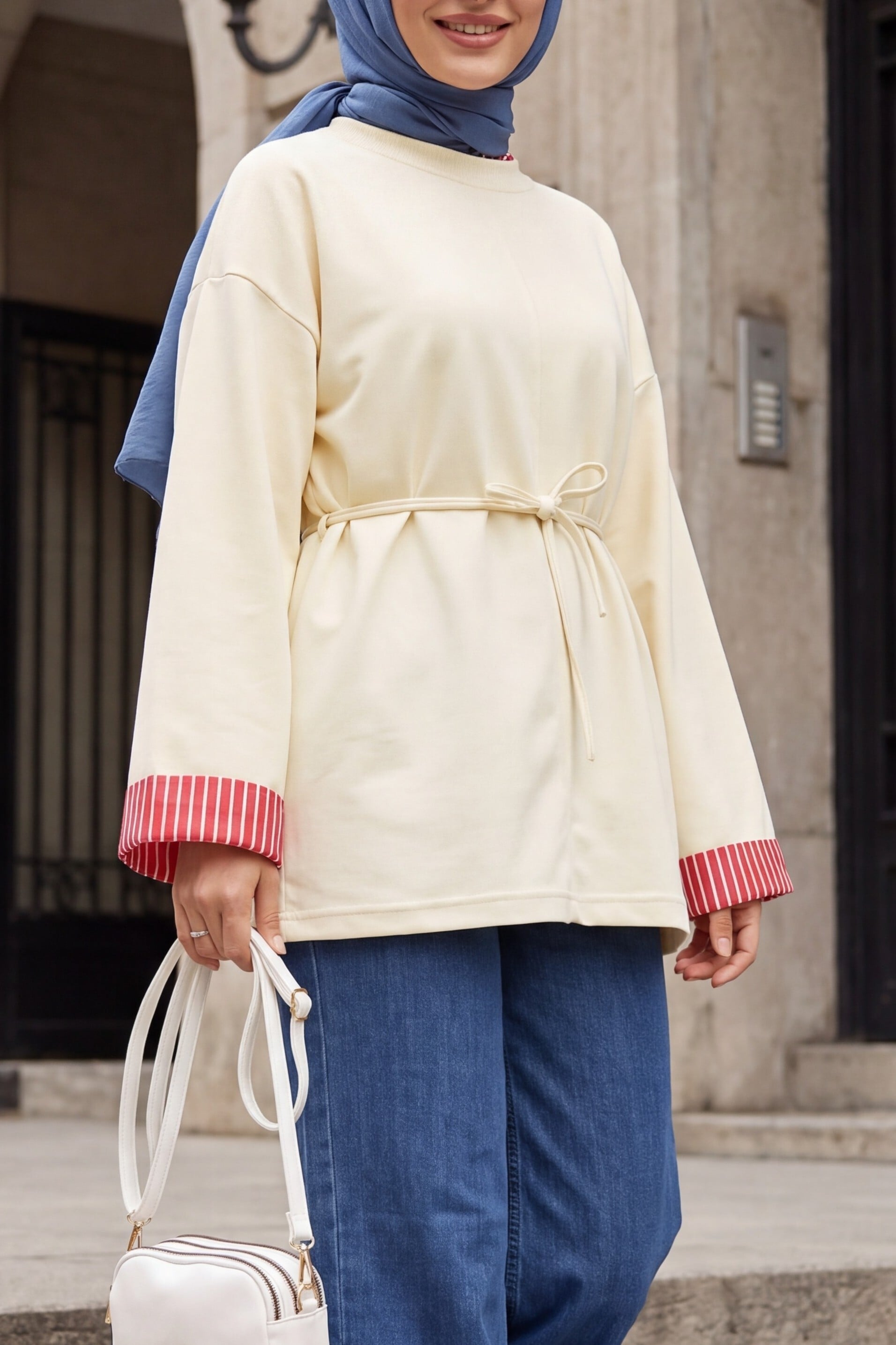 Slit Detail Bicycle Neck Tie Waist Sweatshirt - Cream - Podyumplus - by Peralane
