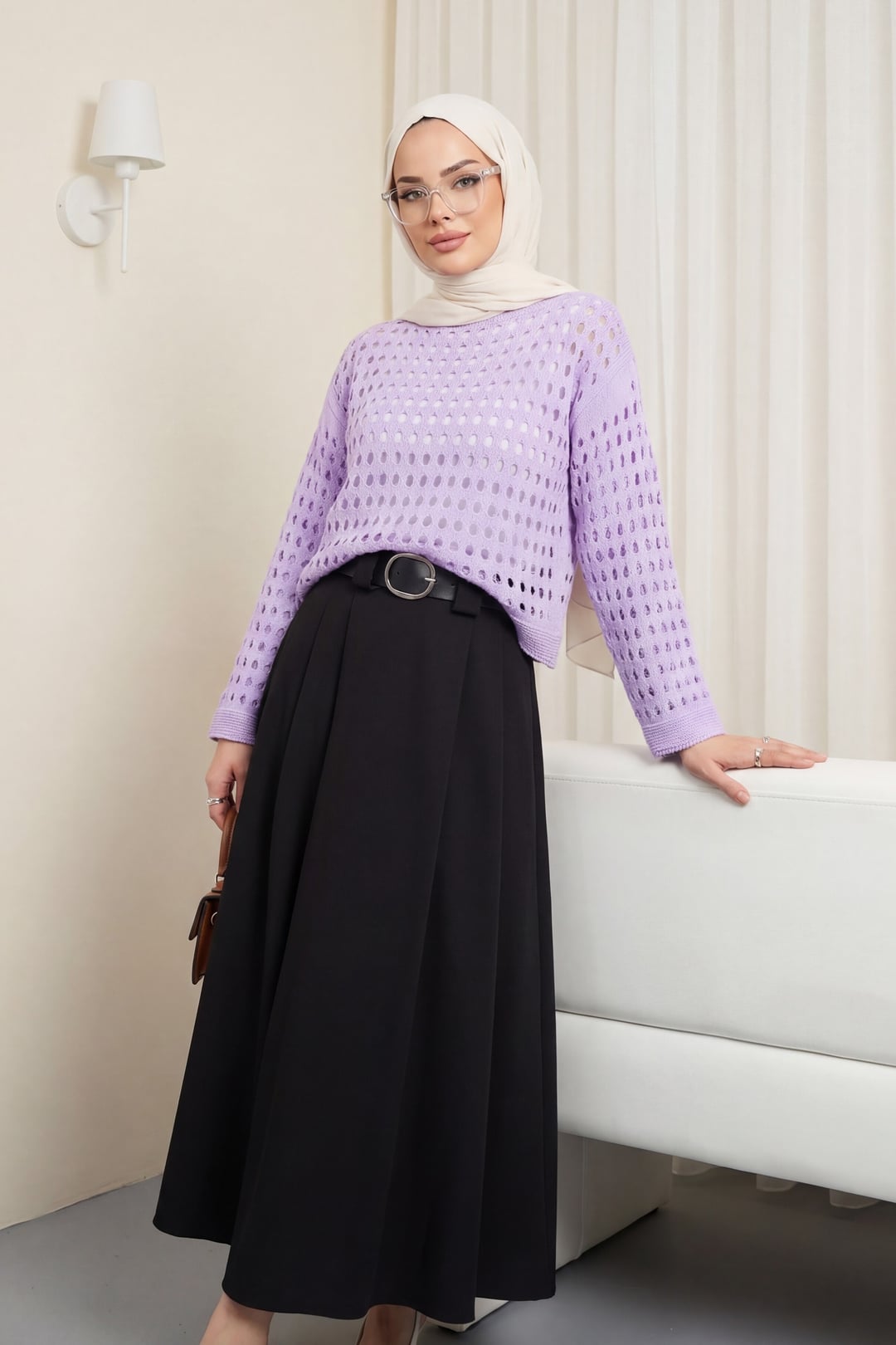 Boat Neck Openwork Knit Sweater - Lilac - Podyumplus - by Peralane - photo 3