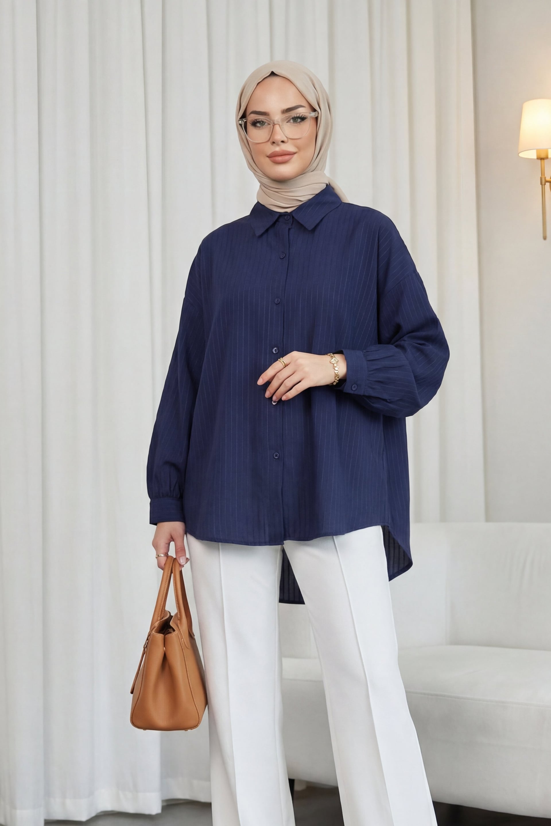 Navy Blue Long Back Striped Buttoned Relaxed Blouse - Podyumplus - by Peralane - photo 4