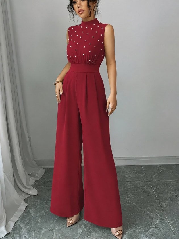 Women's Sleeveless Mock Neck Pearl Embellished Wide-Leg Jumpsuit - Janes - by Peralane