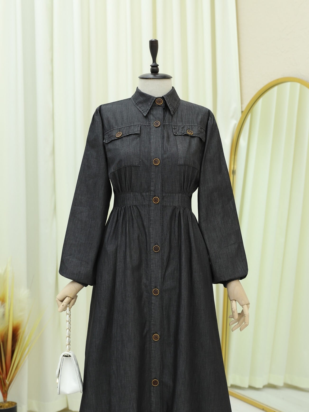 Long-Sleeved Denim Dress with Elastic Cuffs and Chest Pockets - Anthracite - Podyumplus - by Peralane - photo 6