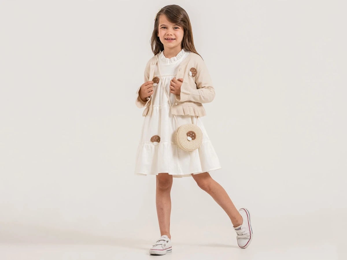 Cream Embroidered Hedgehog Dress with Jacket and Bag Set for Girls - Pampal Kids - by Peralane
