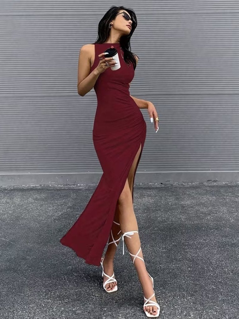 Women's Sleeveless High-Neck Ruched Side-Slit Maxi Dress - Janes - by Peralane