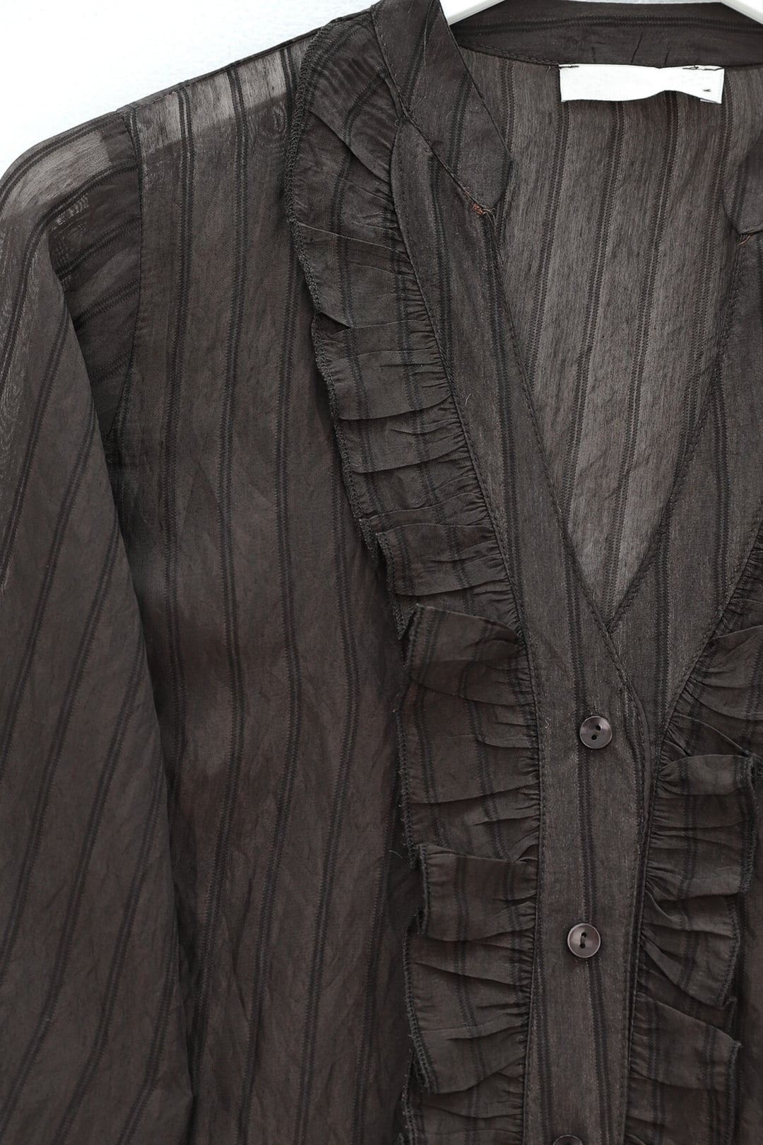 V-Neck Ruffled Sheer Bouquet Blouse - Dark Brown - Podyumplus - by Peralane - photo 4