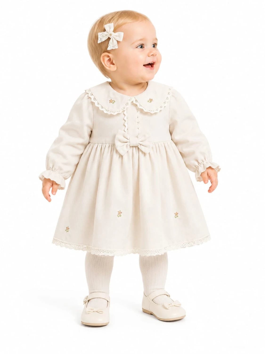 Baby Girl's Floral Embroidered Dress with Bow - Beige - Serkon Baby - by Peralane