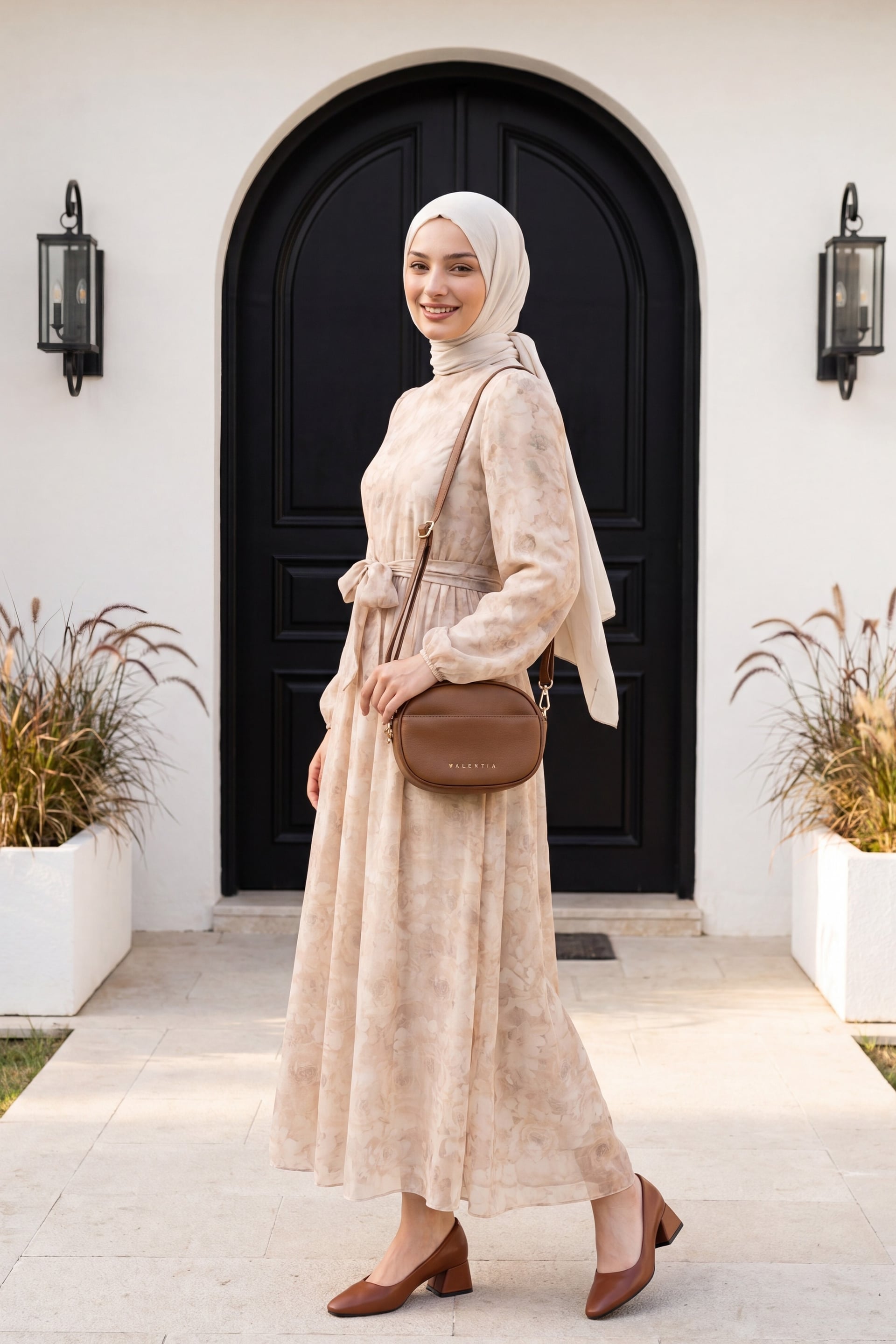 Beige Belted Balloon Sleeve Lined Tulle Voile Dress - Podyumplus - by Peralane - photo 4