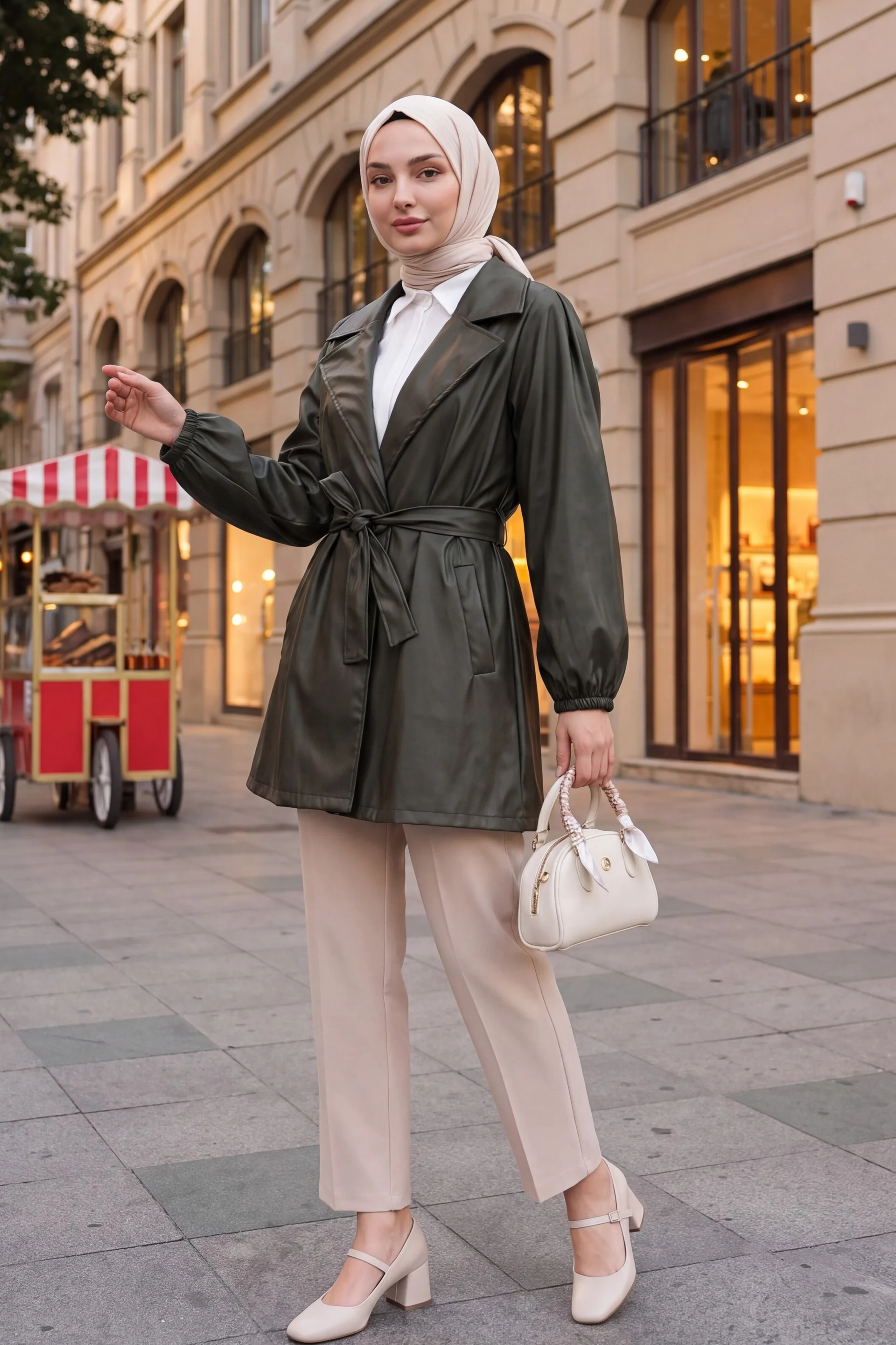 Women's Double Pocket Olive Green Faux Leather Belted Jacket - Podyumplus - by Peralane - photo 3