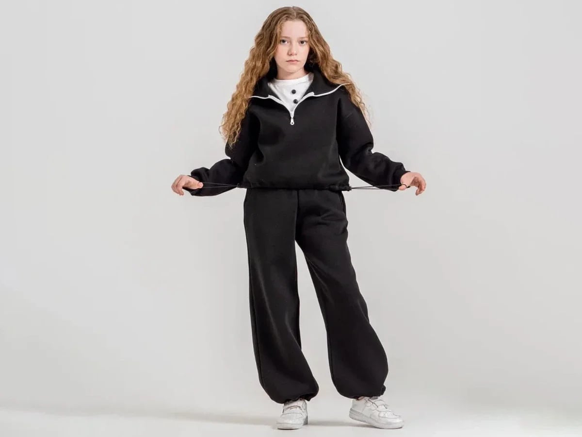 Girls' Zip-Up Tracksuit Set with Collar and Pockets - Black - ÖZ Bebe - by Peralane