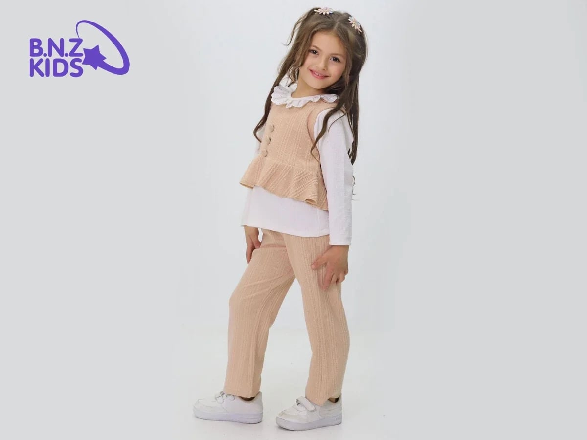 Girls' Knit Top and Trousers Set with Lace Collar - Beige - Incilay - by Peralane