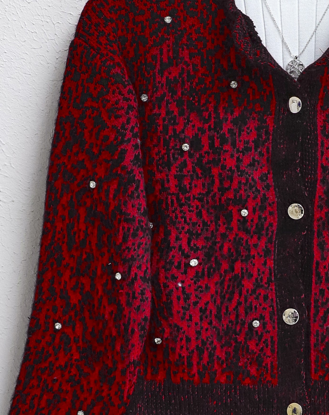 Red Cardigan with Metal Buttons and Rhinestone Details - Podyumplus - by Peralane - photo 2