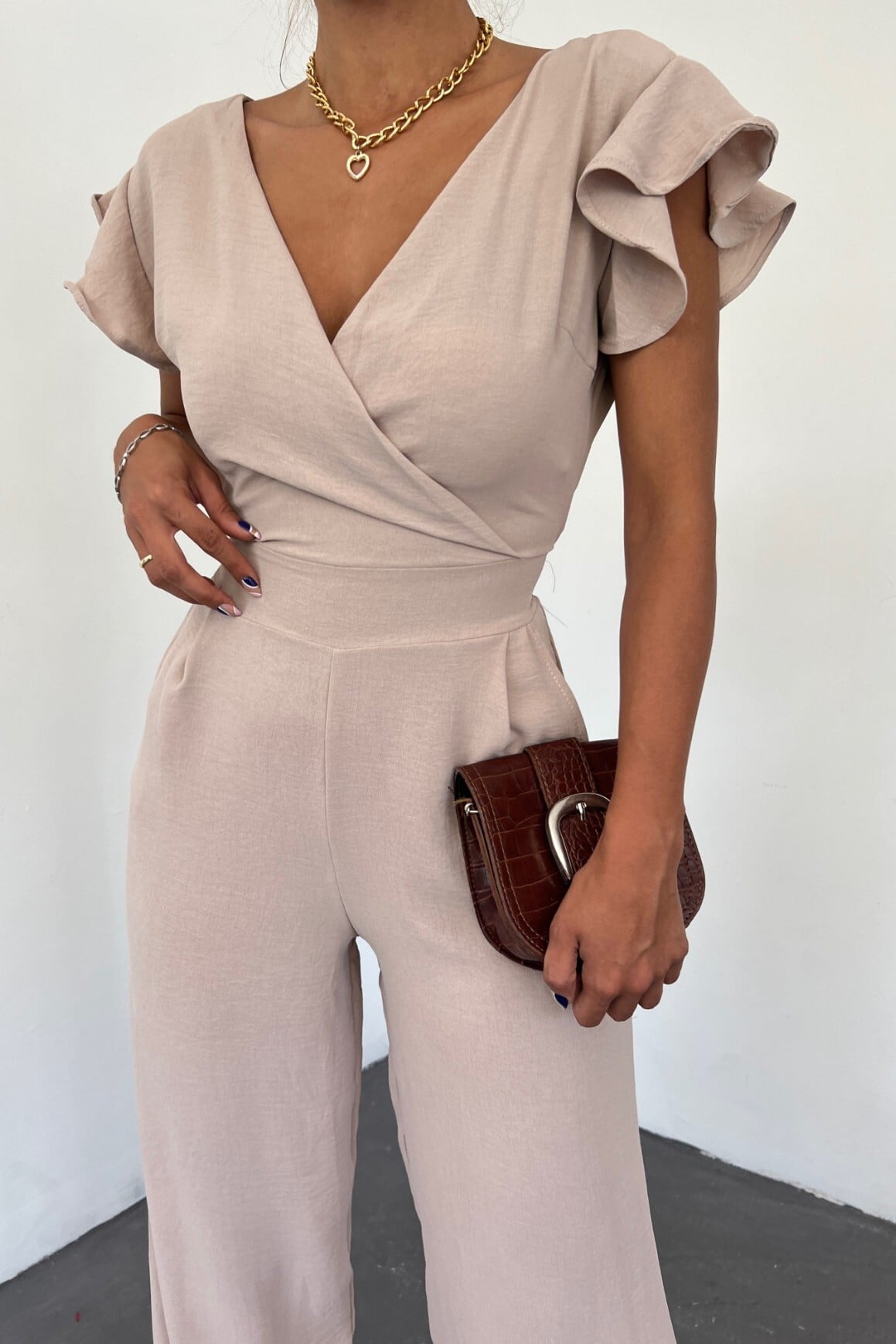 Frill Shoulder V-Neck Wrap Jumpsuit with Belt - Light Beige - Podyumplus - by Peralane - photo 4