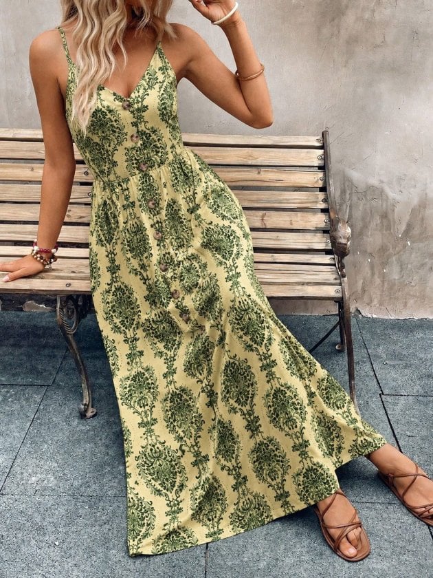Women's Spaghetti Strap V-Neck Button Front Printed Maxi Dress - Janes - by Peralane - photo 4