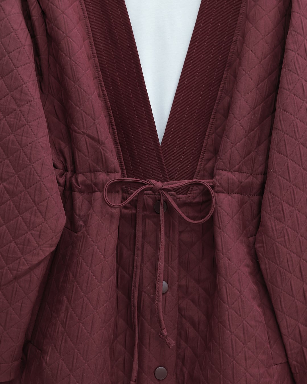 V-Neck Quilted Jacket with Drawstring Waist and Pockets - Maroon - Podyumplus - by Peralane - photo 4