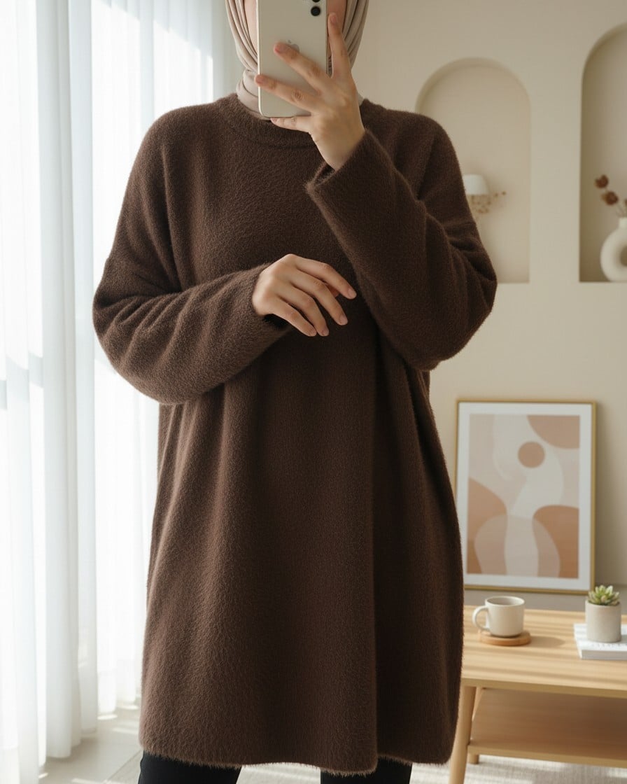 Long Oversized Knit Tunic - Brown - Podyumplus - by Peralane - photo 2