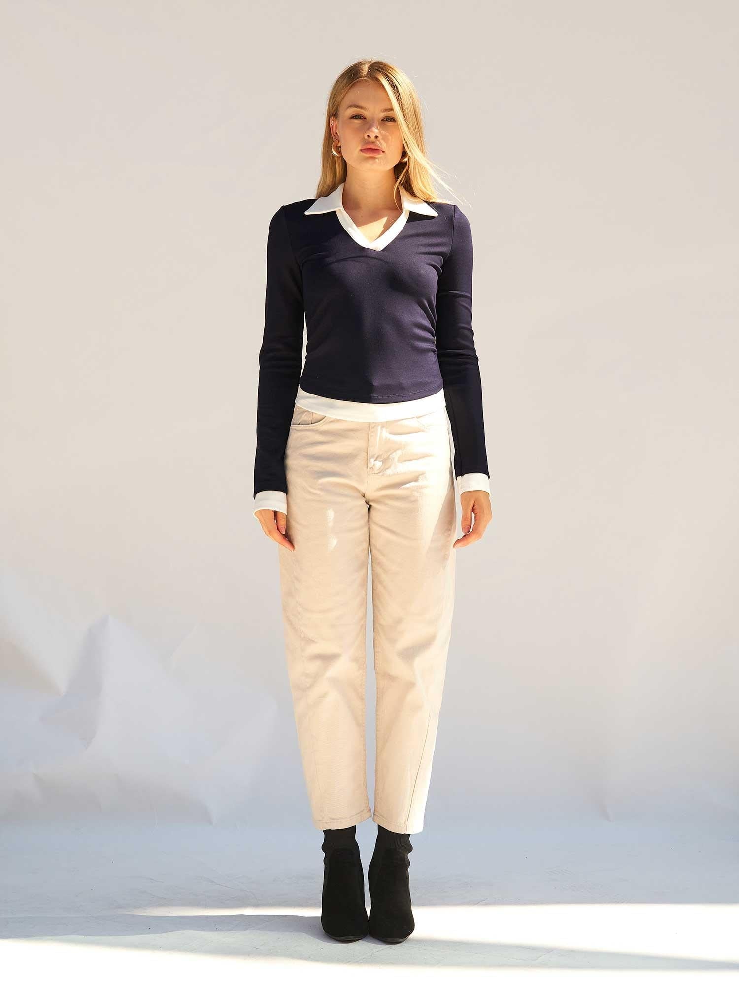 Navy Blue Long-Sleeved Knit Blouse with White Collar and Cuffs - Lefon - by Peralane - photo 2