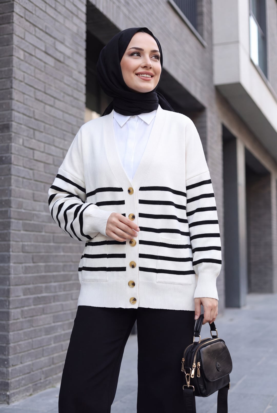 Striped Button-Front Cardigan with Pockets - Ecru - Podyumplus - by Peralane - photo 2