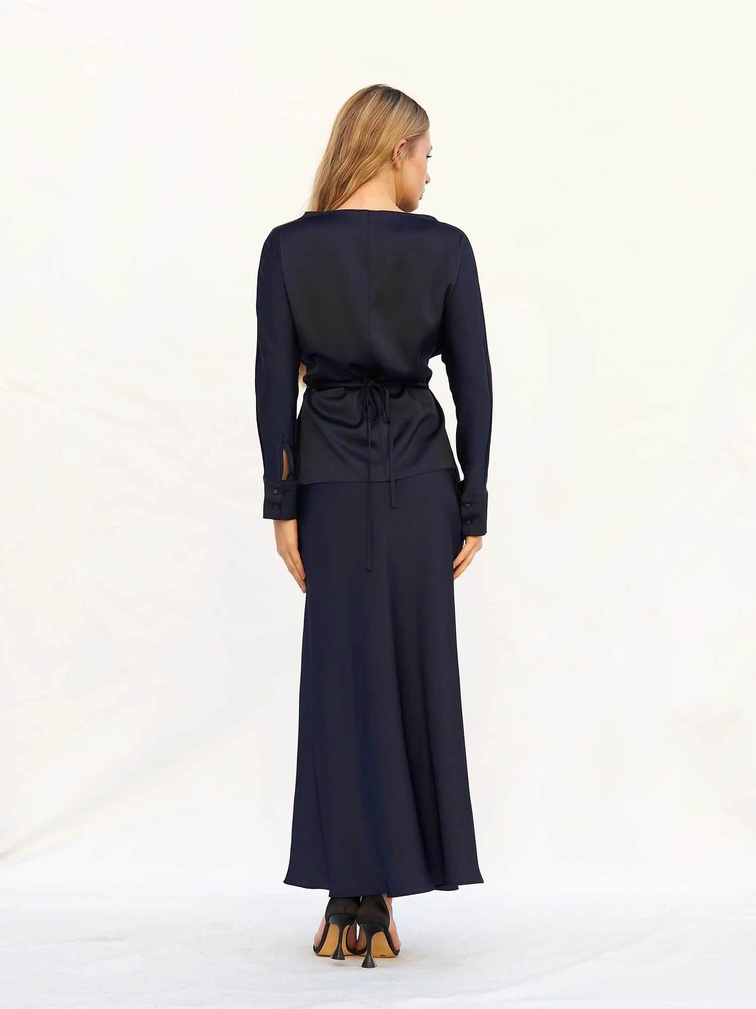 Navy Blue Satin Wrap Dress with Lace Trim - Lefon - by Peralane - photo 3