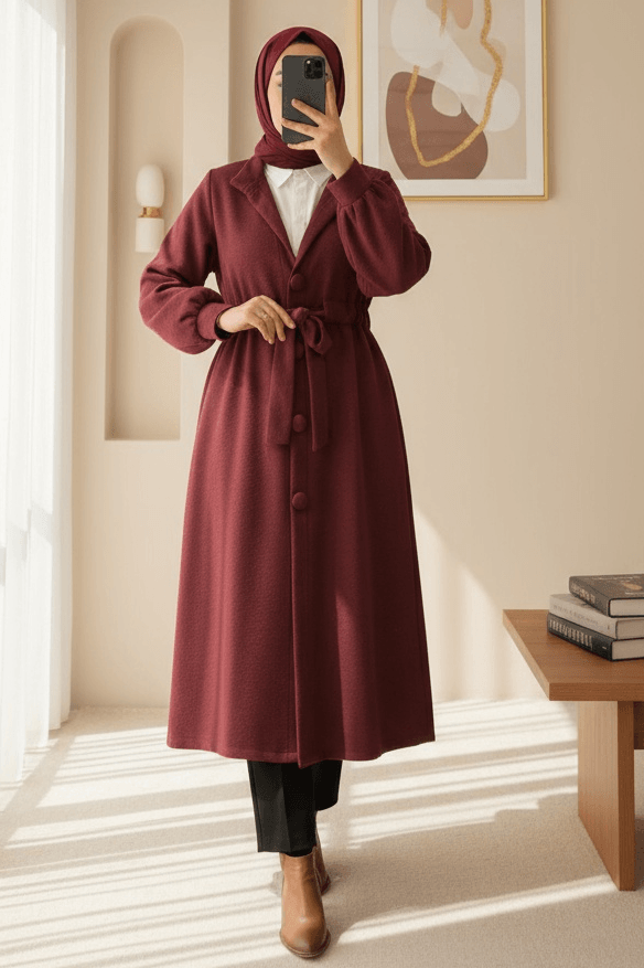 Burgundy Flecked Long Coat with Belt and Pockets - Podyumplus - by Peralane