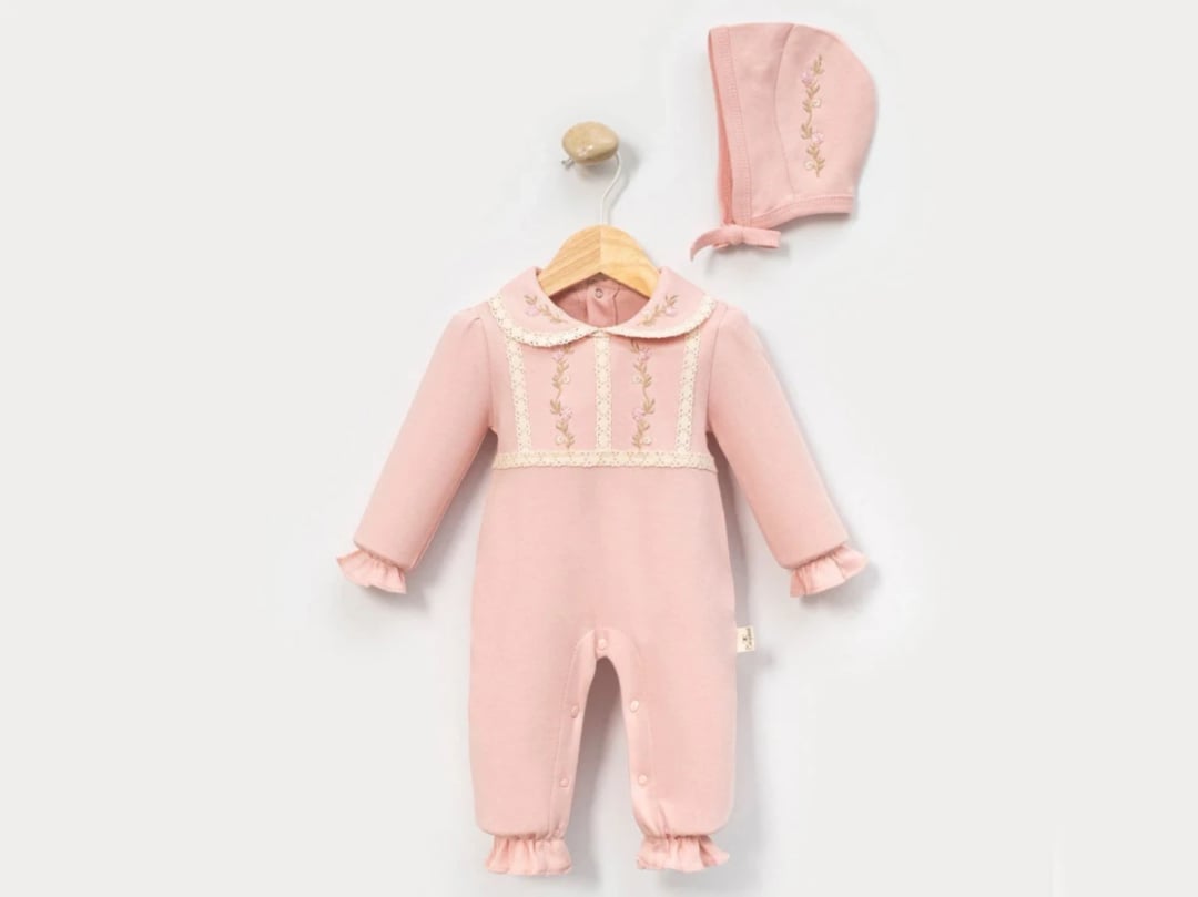 Pink Floral Embroidered Baby Girl Romper and Bonnet Set - Cayzen - by Peralane