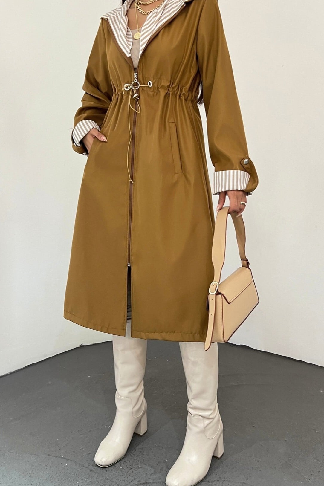 Women's Hooded Belted Trench Coat in Tan - Podyumplus - by Peralane