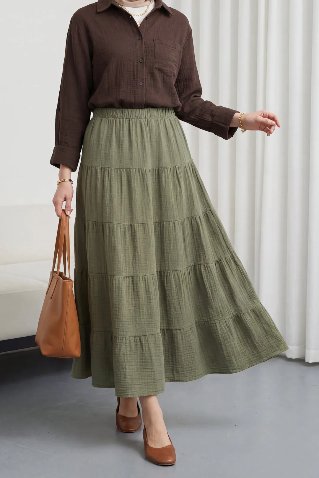 Elasticated Waist Tiered Muslin Maxi Skirt - Khaki - Podyumplus - by Peralane