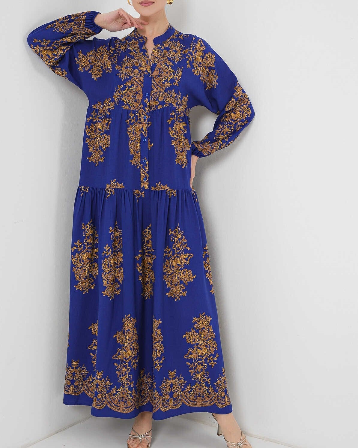 Royal Blue Gold Floral Print Modest Dress - Bigdart - by Peralane - photo 3