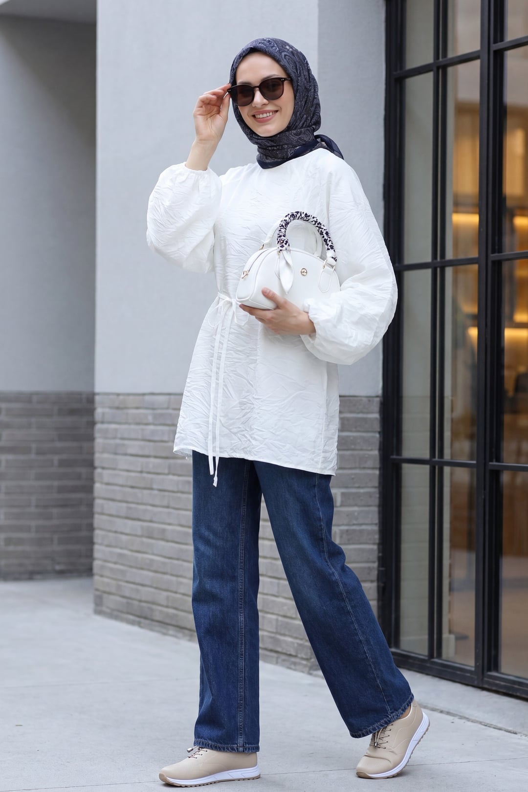 Wide-Leg Belted Zip-Front Denim Jeans - Dark Blue - Podyumplus - by Peralane - photo 5