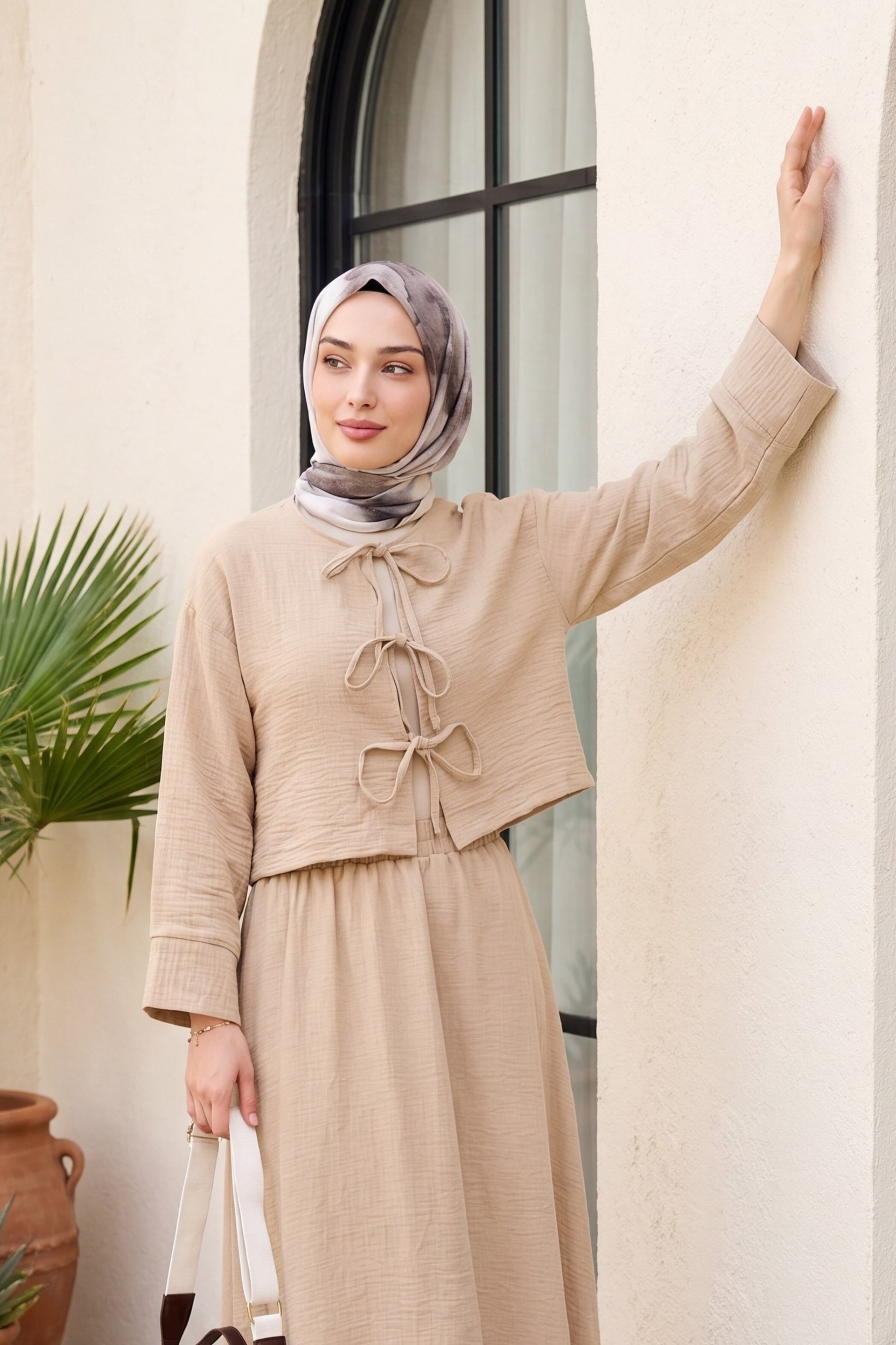 Women's Linen Look Two-Piece Set with Tie Front and Elastic Waist - Beige - Podyumplus - by Peralane - photo 3